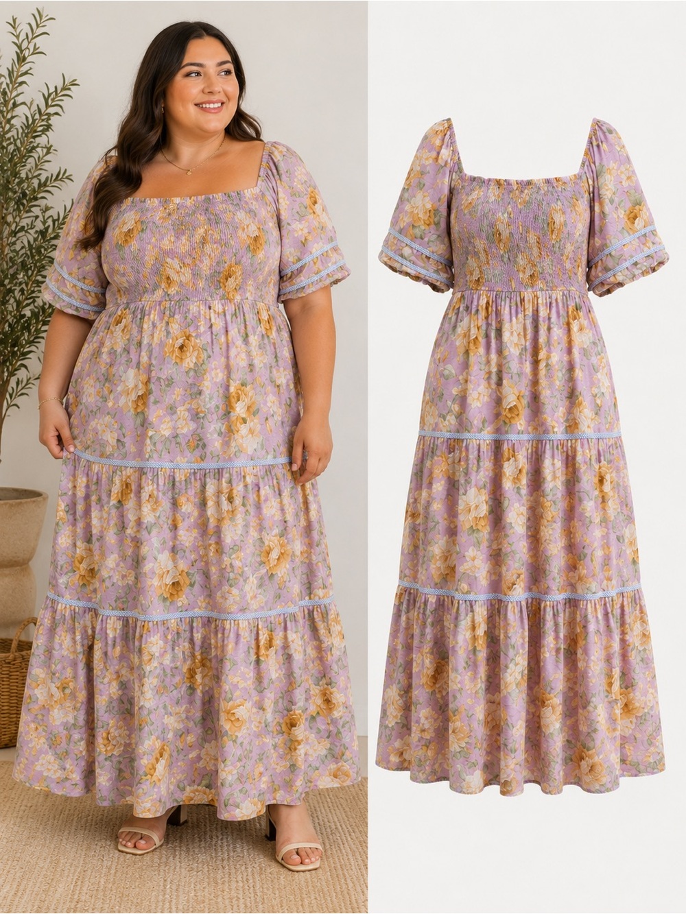 Oddi Los Angeles | Floral Smocked Cotton Maxi Dress Cottagecore Puff Sleeve 2XL - Picture 1 of 7